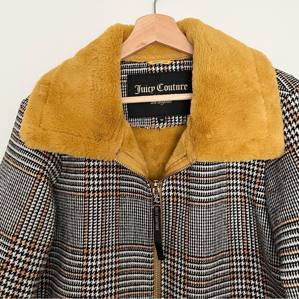 Juicy Couture Black Label Women's Houndstooth Coat Fur Size M Black White Y2K - Picture 3 of 6